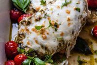 Melted Mozzarella Pesto Chicken with Burst Tomatoes