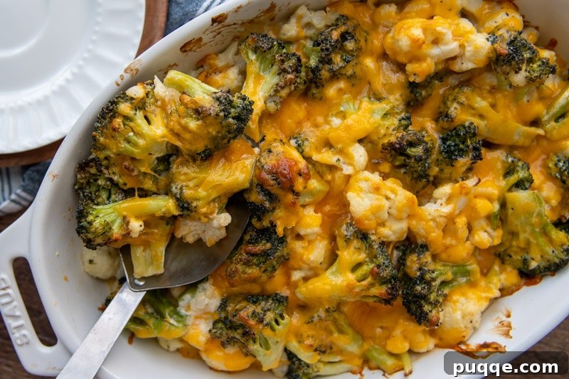 A large serving spoon lifts a generous portion of cheesy broccoli and cauliflower casserole out of a white baking dish, showcasing its creamy texture and golden cheese topping.