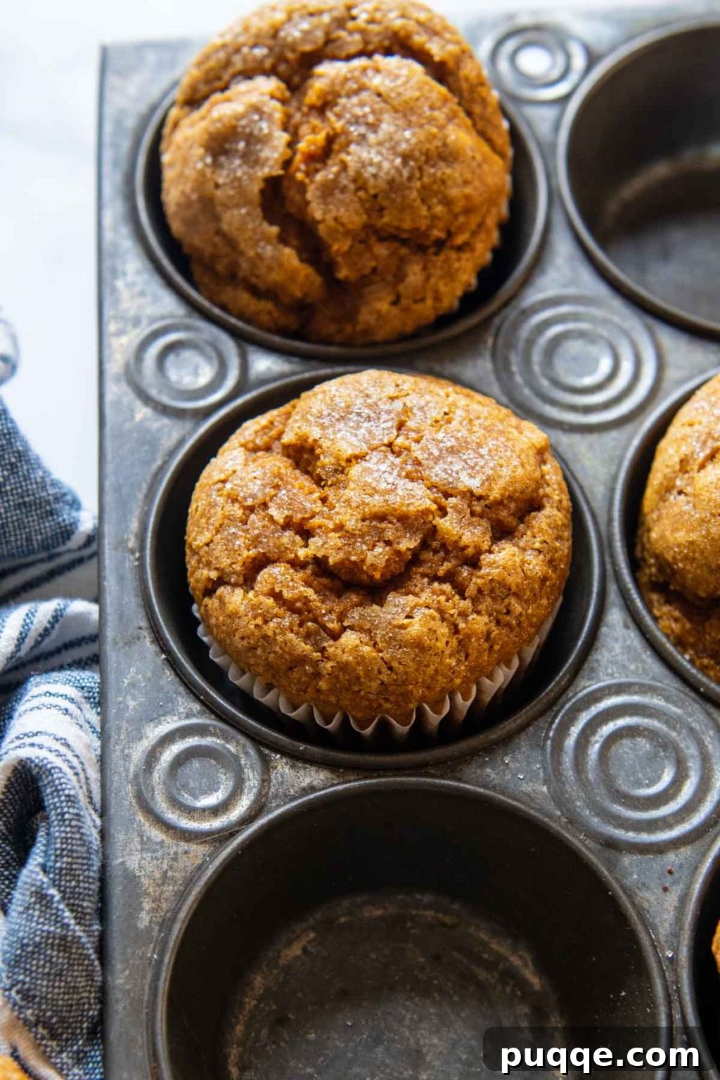 Fluffiest 5-Minute Pumpkin Oat Flour Muffins 2 close up of the top of a pumpkin muffin