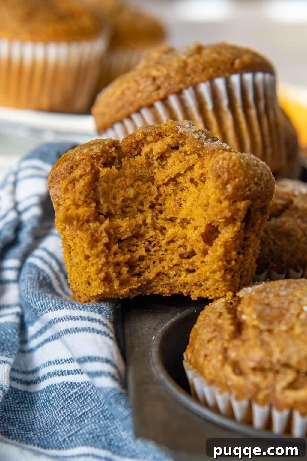 Fluffiest 5-Minute Pumpkin Oat Flour Muffins 7 a muffin with a bite taken out positioned straight on