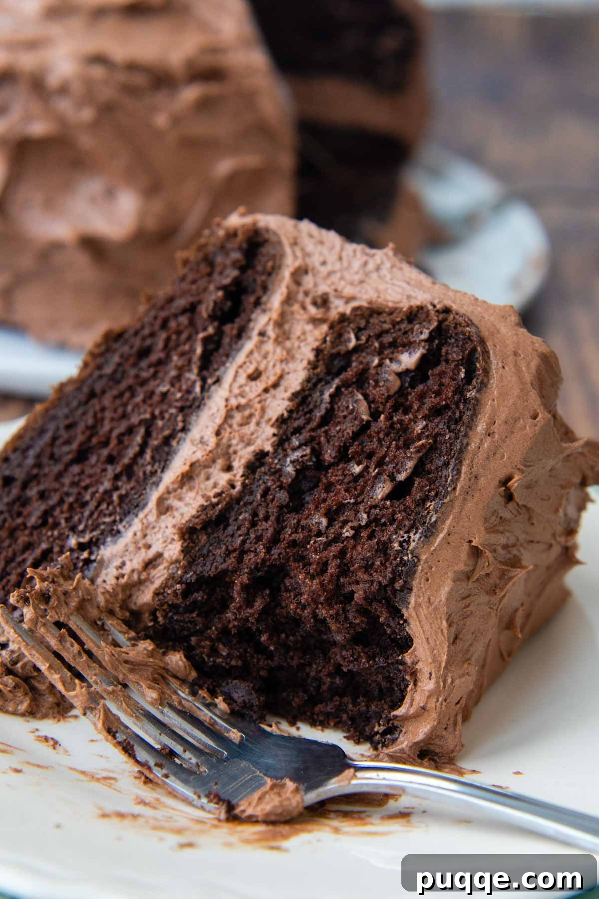 Decadently Moist & Easy Gluten-Free Chocolate Cake 6 A perfectly sliced piece of gluten-free chocolate cake on a plate, ready to be enjoyed.