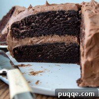 Decadently Moist & Easy Gluten-Free Chocolate Cake 8 A chocolate layer cake sliced to show its moist interior, with a piece removed.