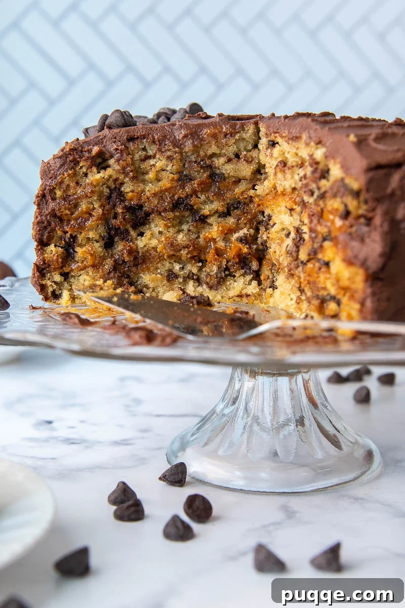 a oatmeal layer cake filled with caramel and covered in frosting sliced open on a cake platter