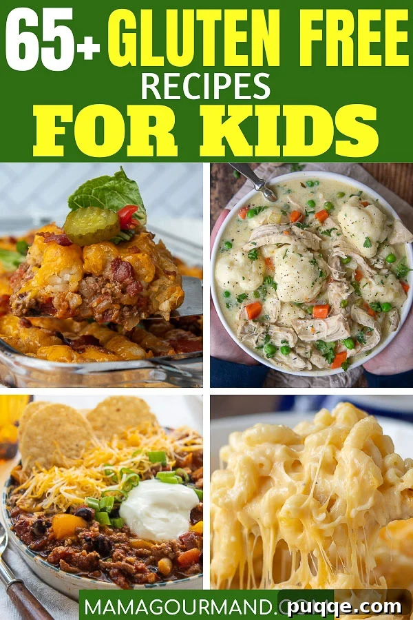Smiling child enjoying a gluten-free meal, with the text 'Find the best gluten free recipes for kids that the whole family also enjoys!'