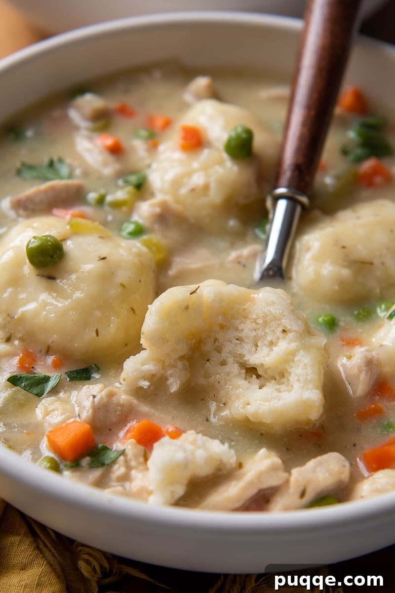 A spoon dipping into a bowl of creamy chicken dumpling soup, with a dumpling cut open.