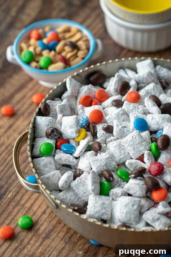 A close-up shot of irresistible Nutella puppy chow in a bowl.