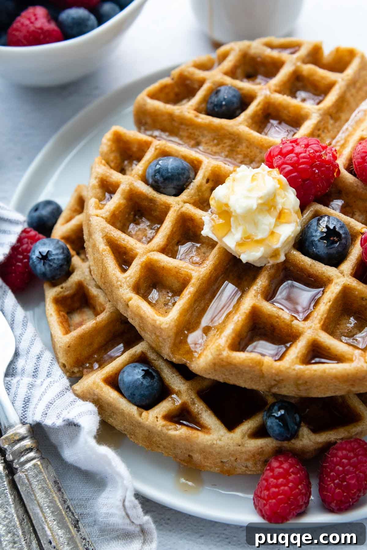 Overhead shot of perfectly fluffy, crispy oat flour waffles, garnished with fresh berries, syrup, and butter.