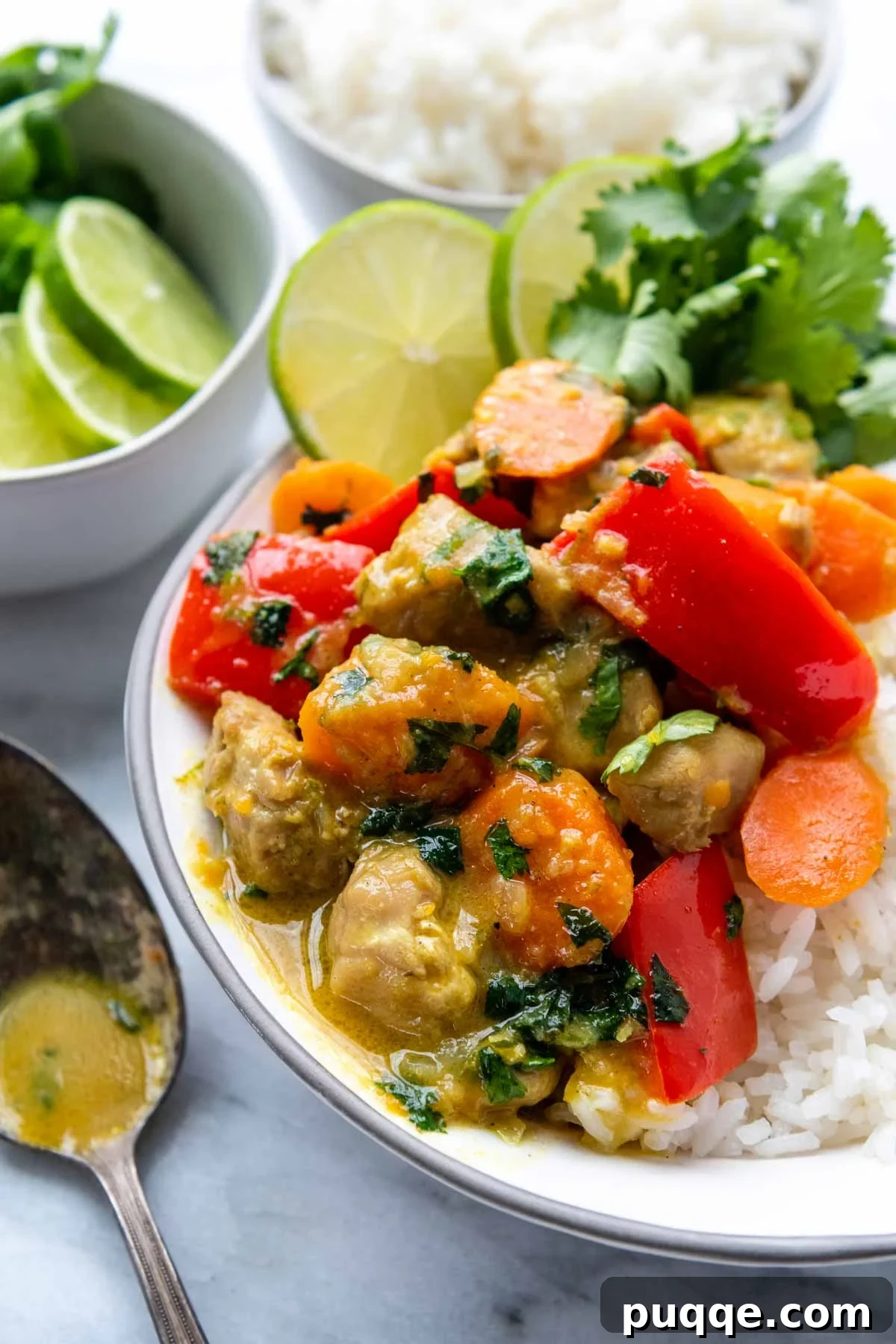 Close-up of a vibrant and flavorful finished curry dish, garnished beautifully.