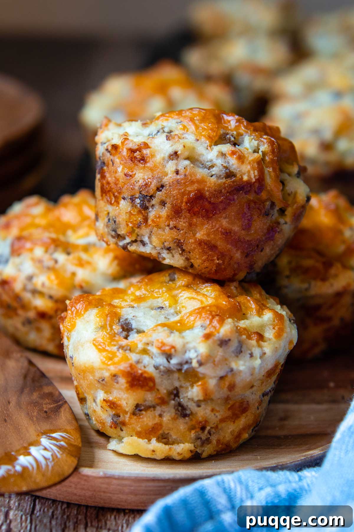 Two perfectly golden cheesy sausage muffins stacked on top of each other on a wooden plate.