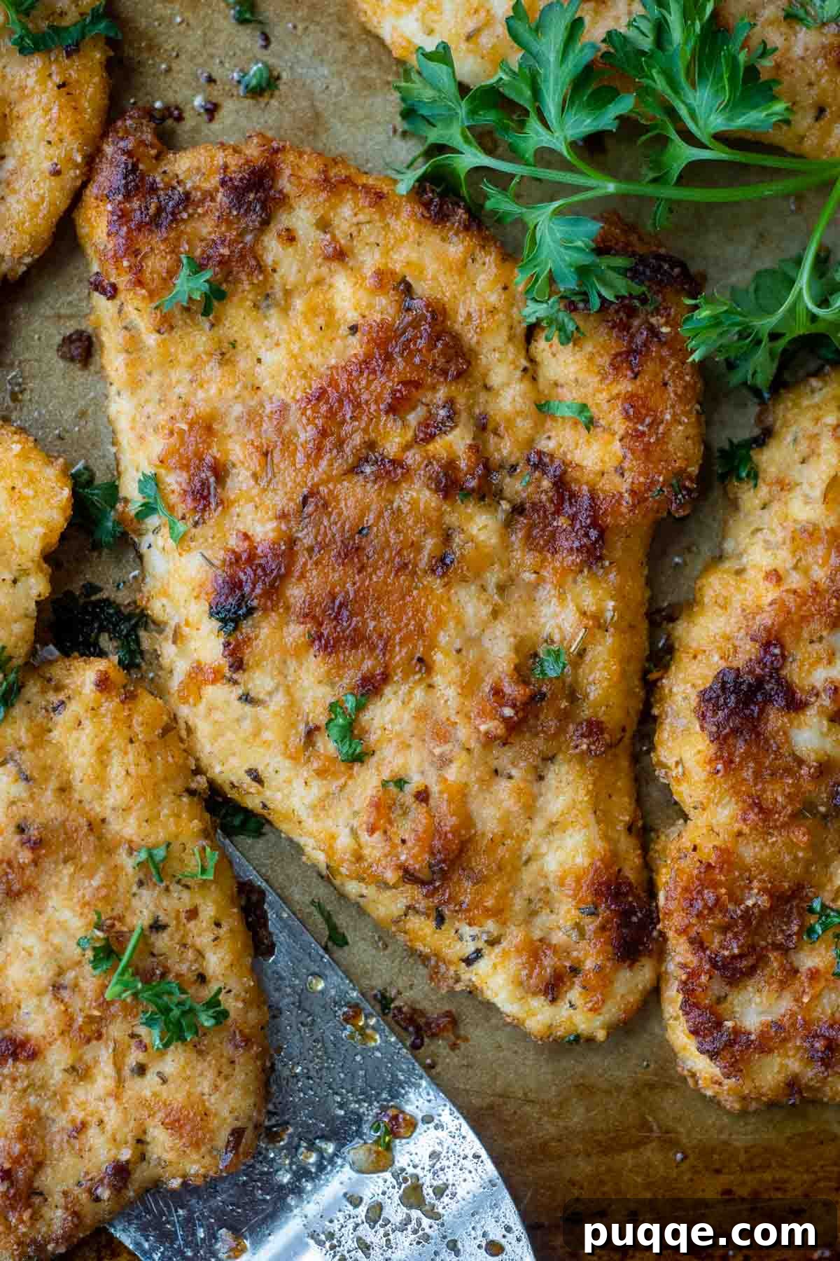 Overhead shot of perfectly golden-brown crispy gluten-free baked chicken cutlets with lemon wedges and fresh parsley, ready to serve.