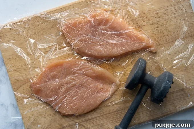 a mallet next to chicken breasts covered in plastic