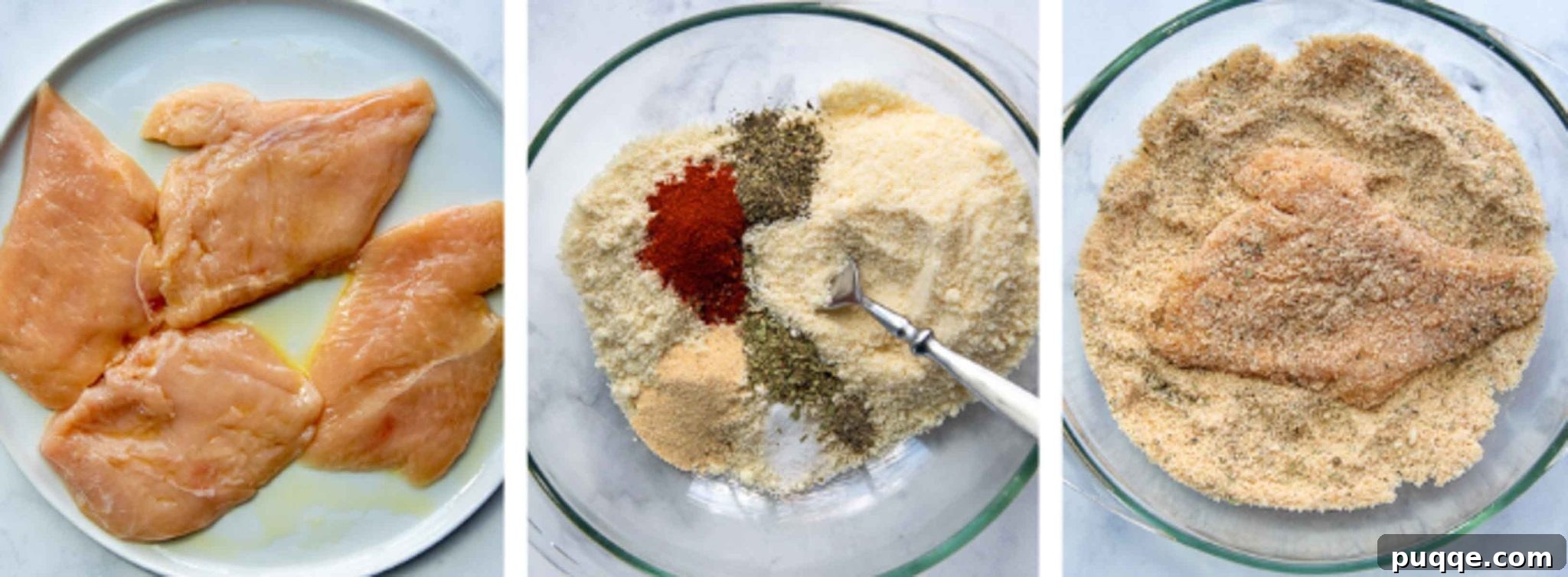 Images showing the process of breading and baking gluten-free chicken, from mixing ingredients to placing on a baking sheet.