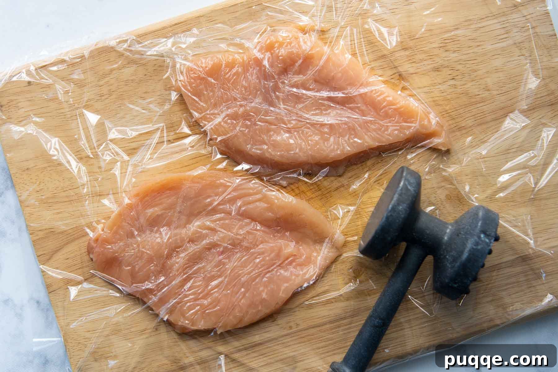 Image showing a meat mallet next to chicken breasts covered in plastic wrap, demonstrating the pounding technique for cutlets.