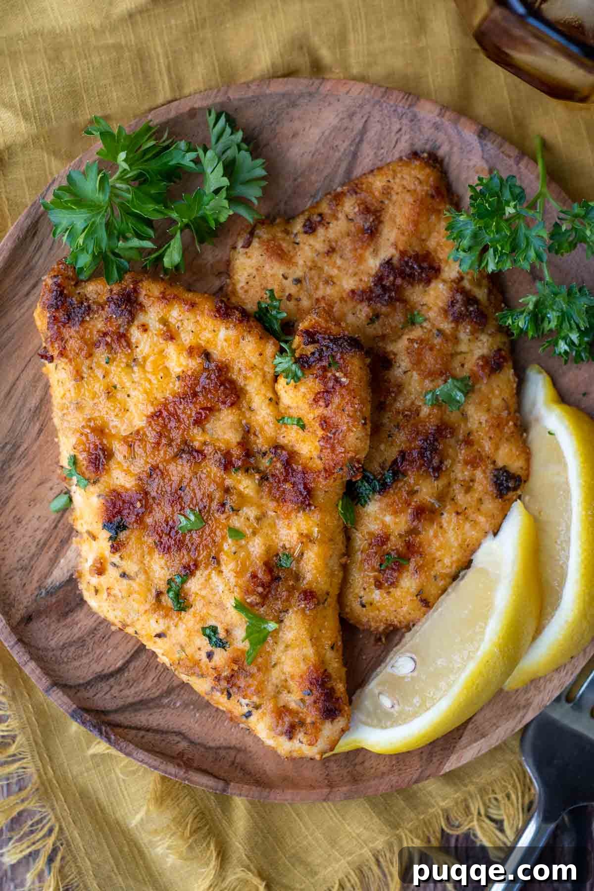 Crispy gluten-free baked chicken cutlets garnished with fresh parsley and lemon wedges on a rustic wooden plate.