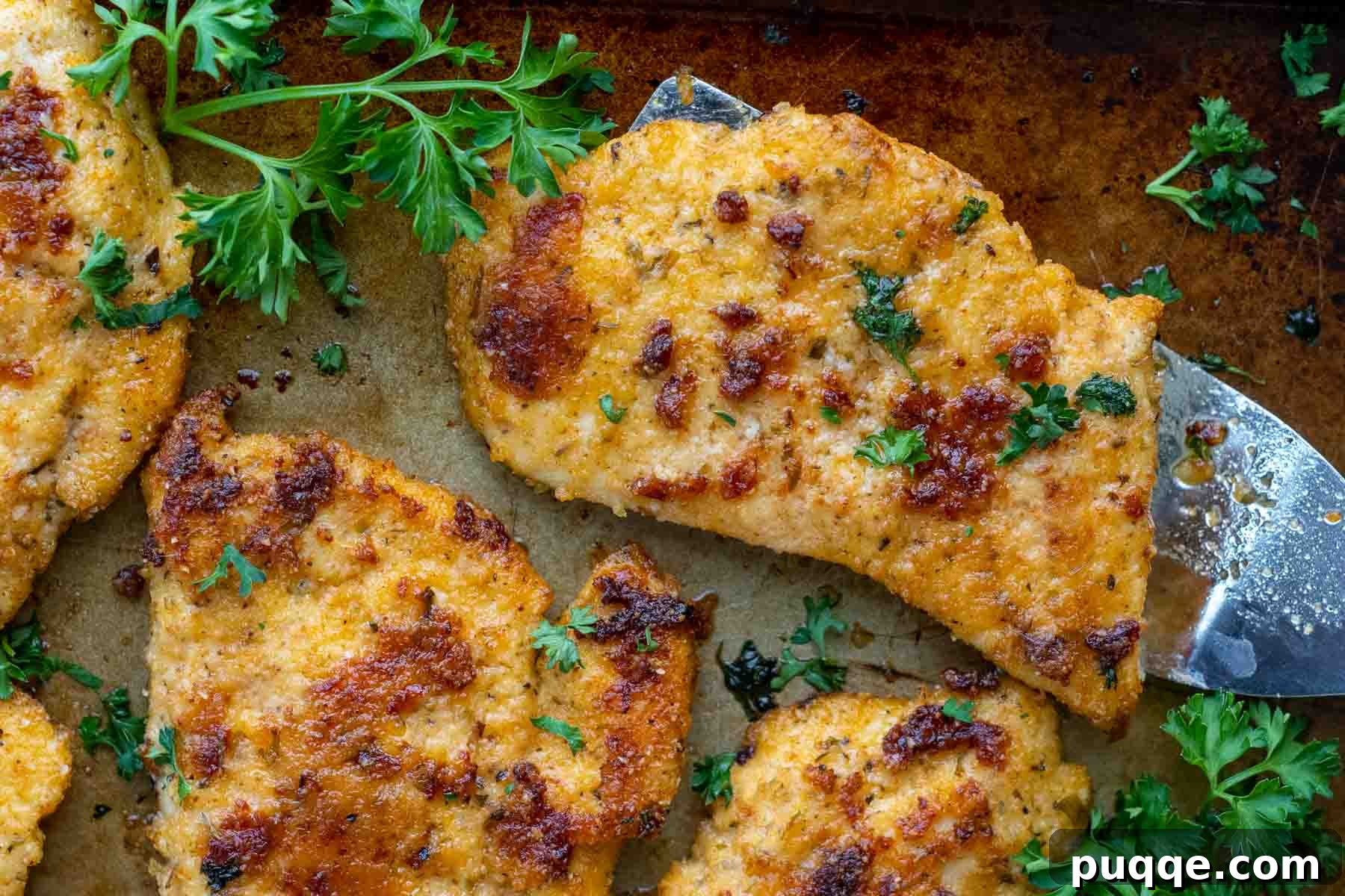 Breaded chicken cutlets arranged on a baking sheet, with a spatula lifting one piece to show its crispy underside.