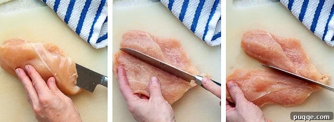 images showing steps of how to butterfly chicken and make cutlets