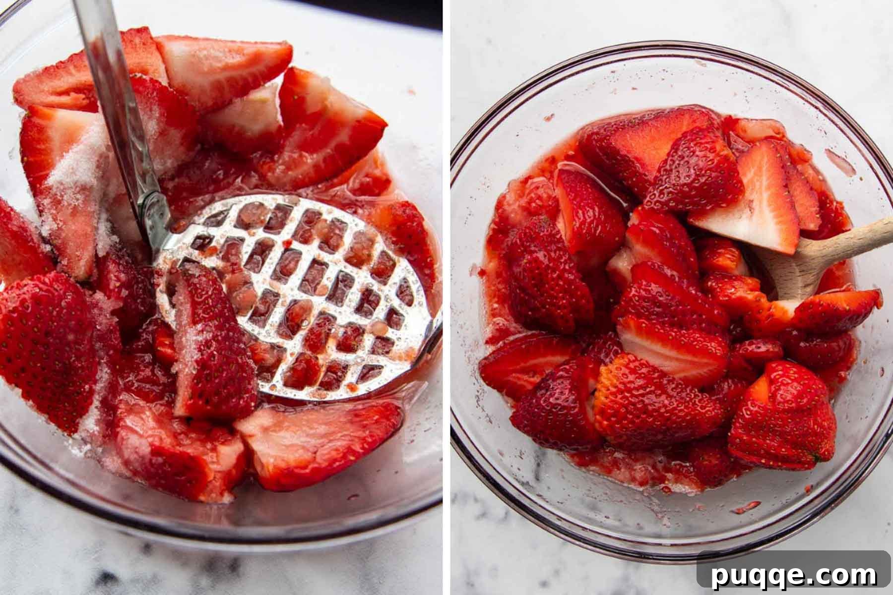 A series of images demonstrating the process of making macerated strawberry sauce, from slicing berries to mixing with sugar and letting them sit.