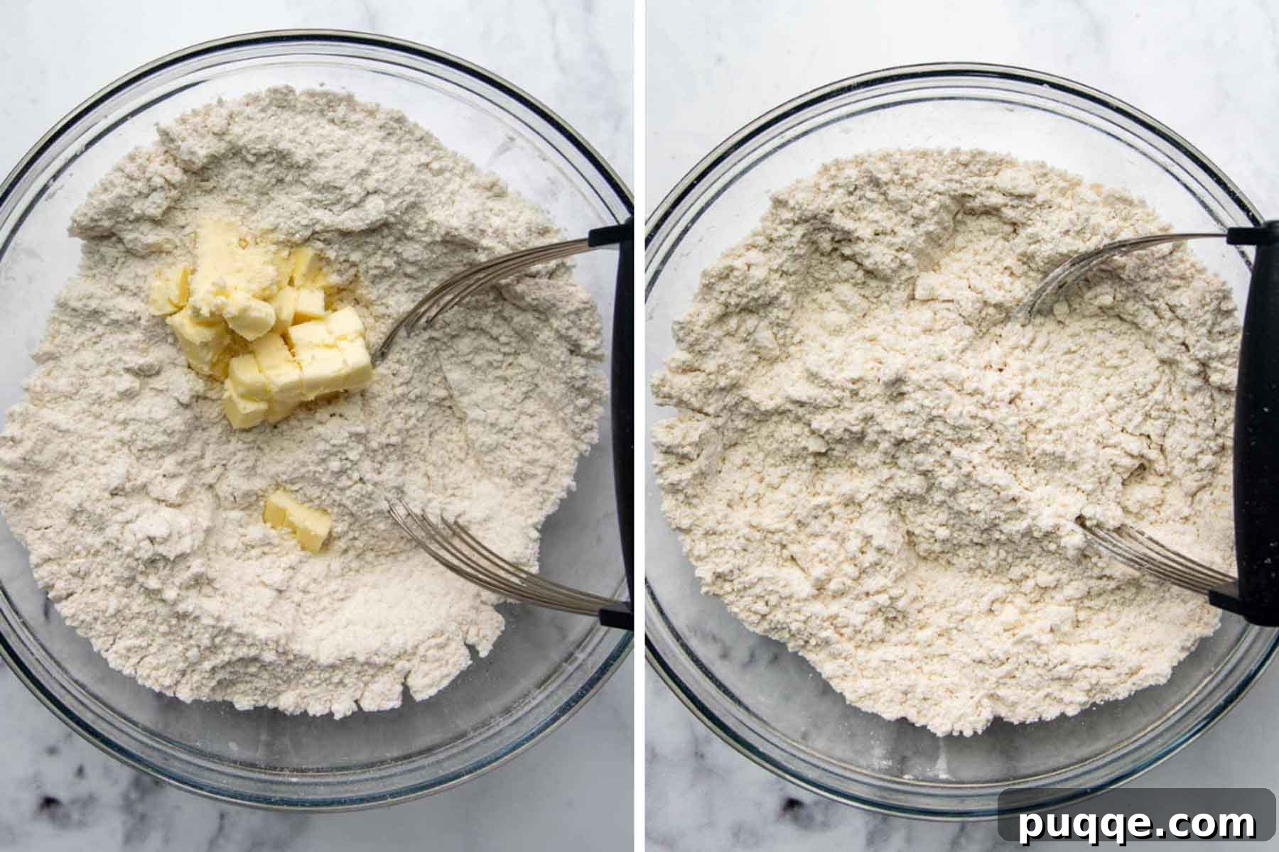 Step-by-step images showing the preparation of gluten-free shortcake dough, from mixing dry ingredients to cutting in butter.
