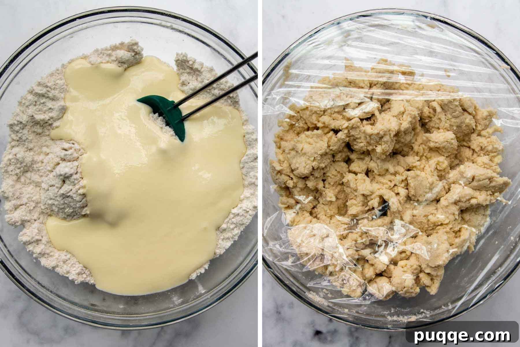 Further images illustrating the gluten-free shortcake preparation, including combining wet and dry ingredients and resting the dough.