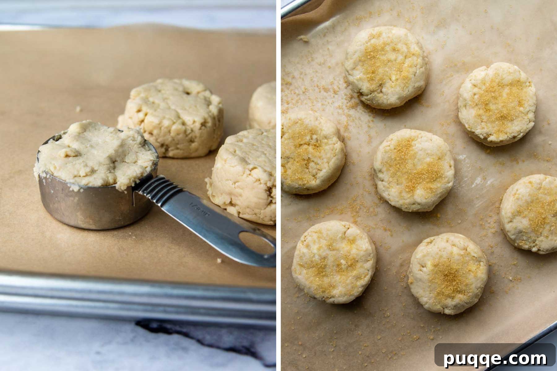 Images demonstrating how to scoop and drop gluten-free shortcake dough onto a baking sheet for baking.