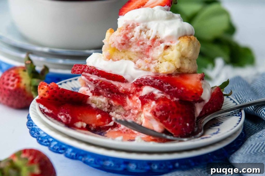 A close-up shot of a strawberry shortcake with a bite taken out, showcasing the layers of biscuit, berries, and cream, served on a blue plate.