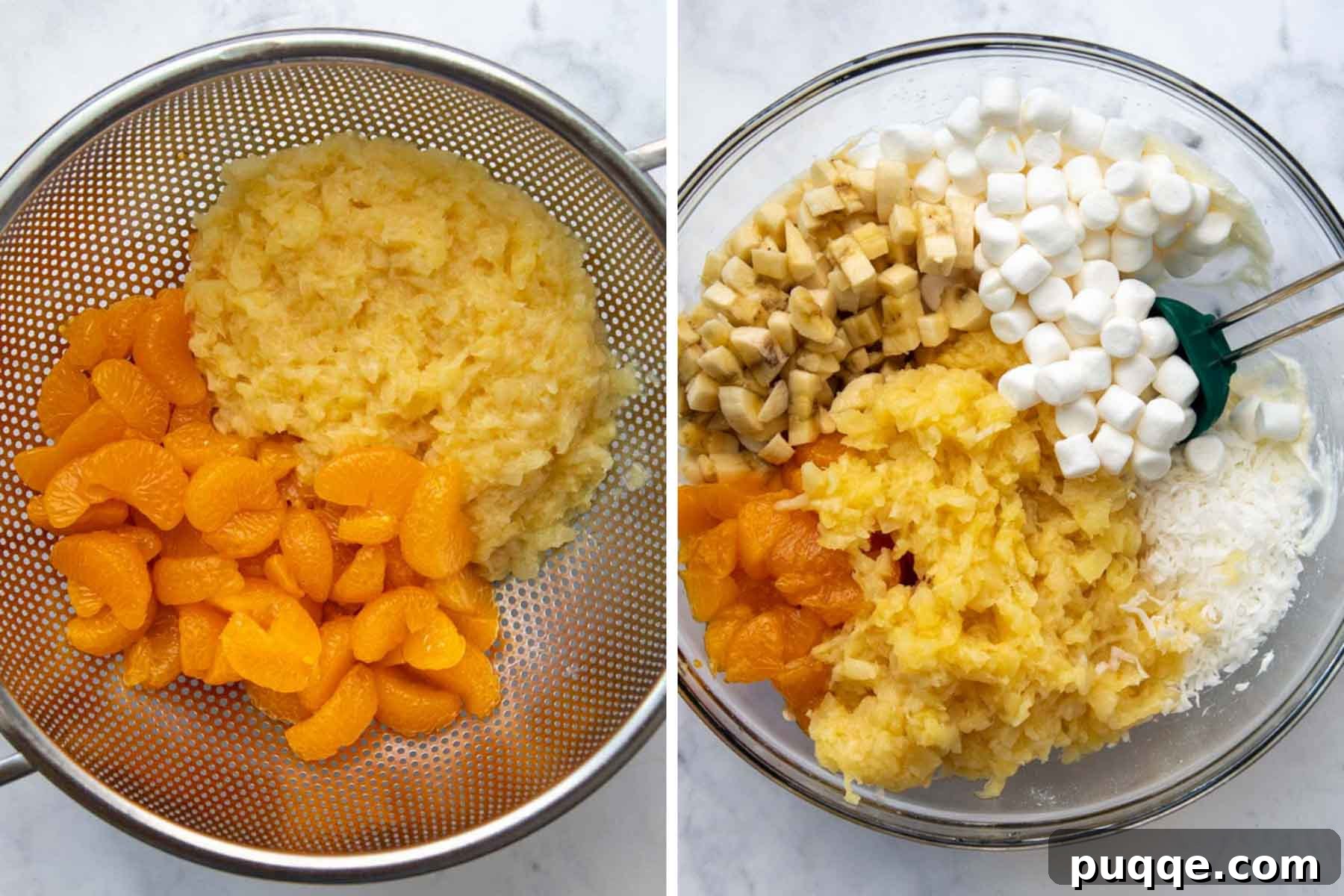 Frosty Fruit Medley 3 Images showing how to make frozen fruit salad step-by-step, including mixing ingredients in a bowl.