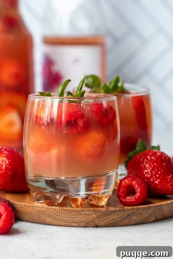 Rosé Bloom Sangria 2 A close-up, straight-on picture of sparkling rosé sangria in a glass on a wooden plate, surrounded by fresh berries and fruit slices.
