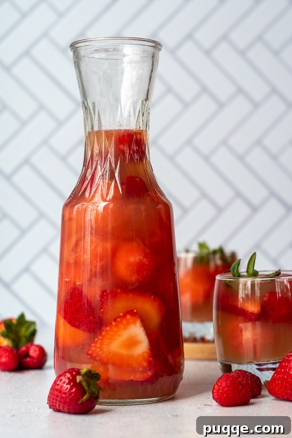 Rosé Bloom Sangria 4 A pitcher of sparkling rosé sangria with fresh strawberries next to it, and a garnished glass of sangria in the background.