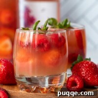 Rosé Bloom Sangria 5 a close up straight on picture of rose sangria on a wooden plate with fresh berries laying next to it