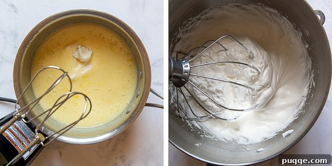 Zesty Frozen Lemon Bliss 3 A visual guide depicting the stages of preparing a frozen lemon pie, from mixing the filling to spreading the meringue.