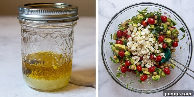 Creamy Avocado Chickpea Salad 3 Step-by-step images showing how to prepare the lemon garlic dressing and then combine it with the vibrant chickpea avocado salad ingredients in a bowl.