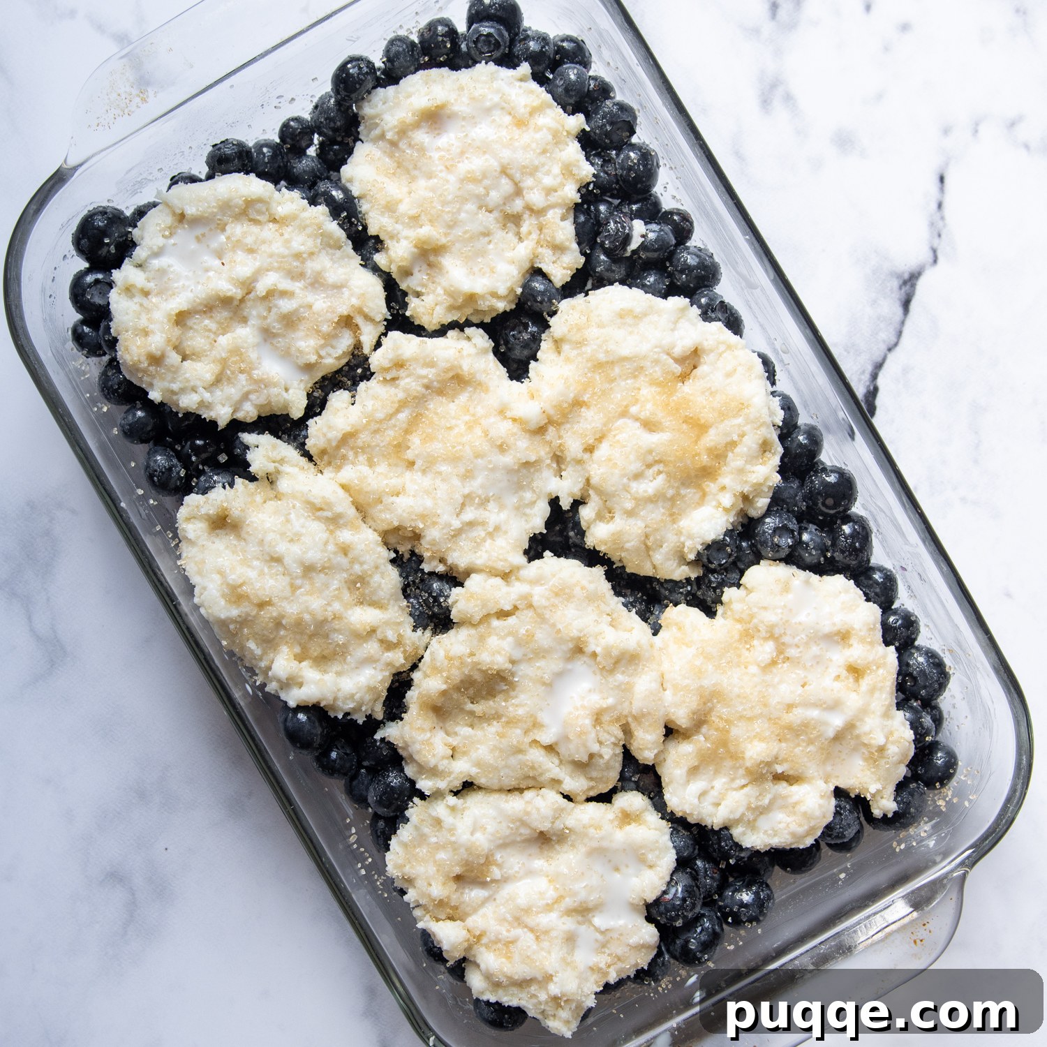 Unbaked gluten-free blueberry cobbler with biscuit rounds on top of fruit filling.