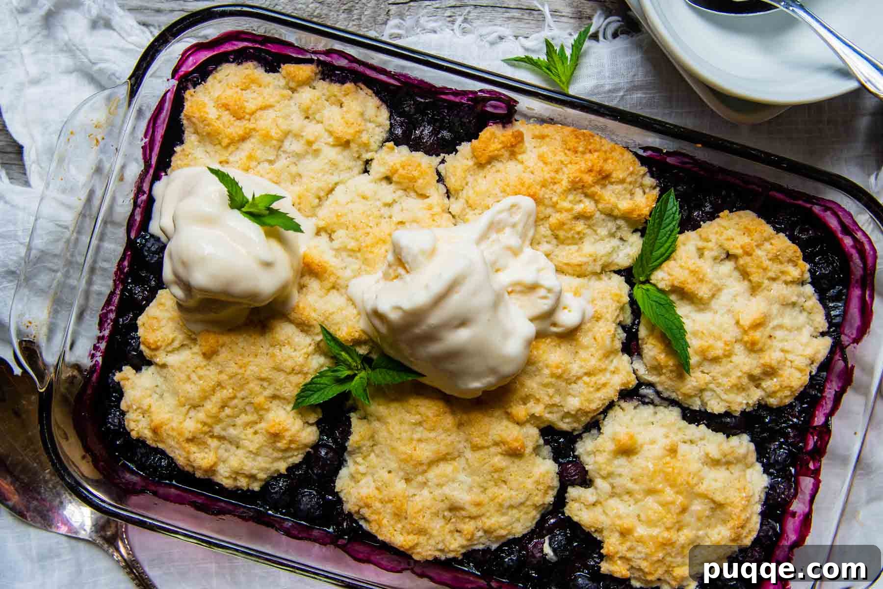 horizontal picture of blueberry cobbler in a glass dish with melting ice cream on top