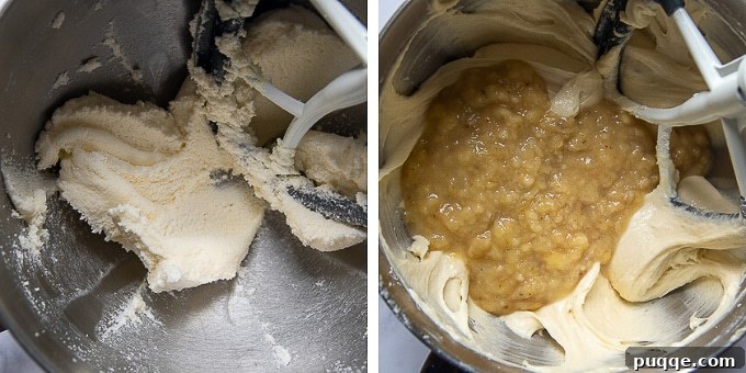 Decadent Banoffee Cake 3 images showing butter and sugar creamed and bananas being added to cake batter, illustrating the fluffy texture of the creamed butter and sugar, and the smooth incorporation of mashed bananas.
