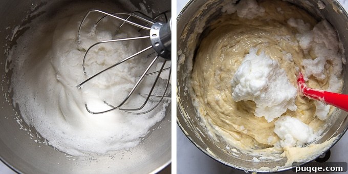Decadent Banoffee Cake 4 images showing how to fold egg whites into banana cake batter, demonstrating the delicate process of incorporating whipped egg whites for a light texture.