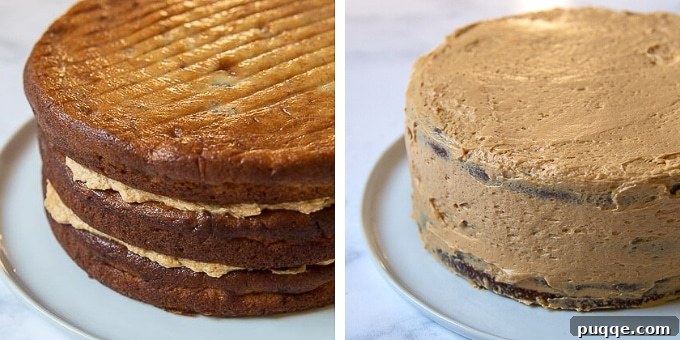 Decadent Banoffee Cake 6 images showing how to assembly banoffee layer cake, with layers of cake and frosting neatly stacked.