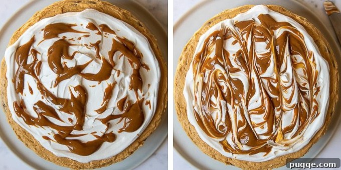 Decadent Banoffee Cake 7 images showing how to swirl frosting on banoffee cake, highlighting the elegant topping design.