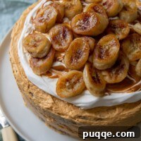 Decadent Banoffee Cake 10 overhead shot of banoffee cake with sauteed bananas on top
