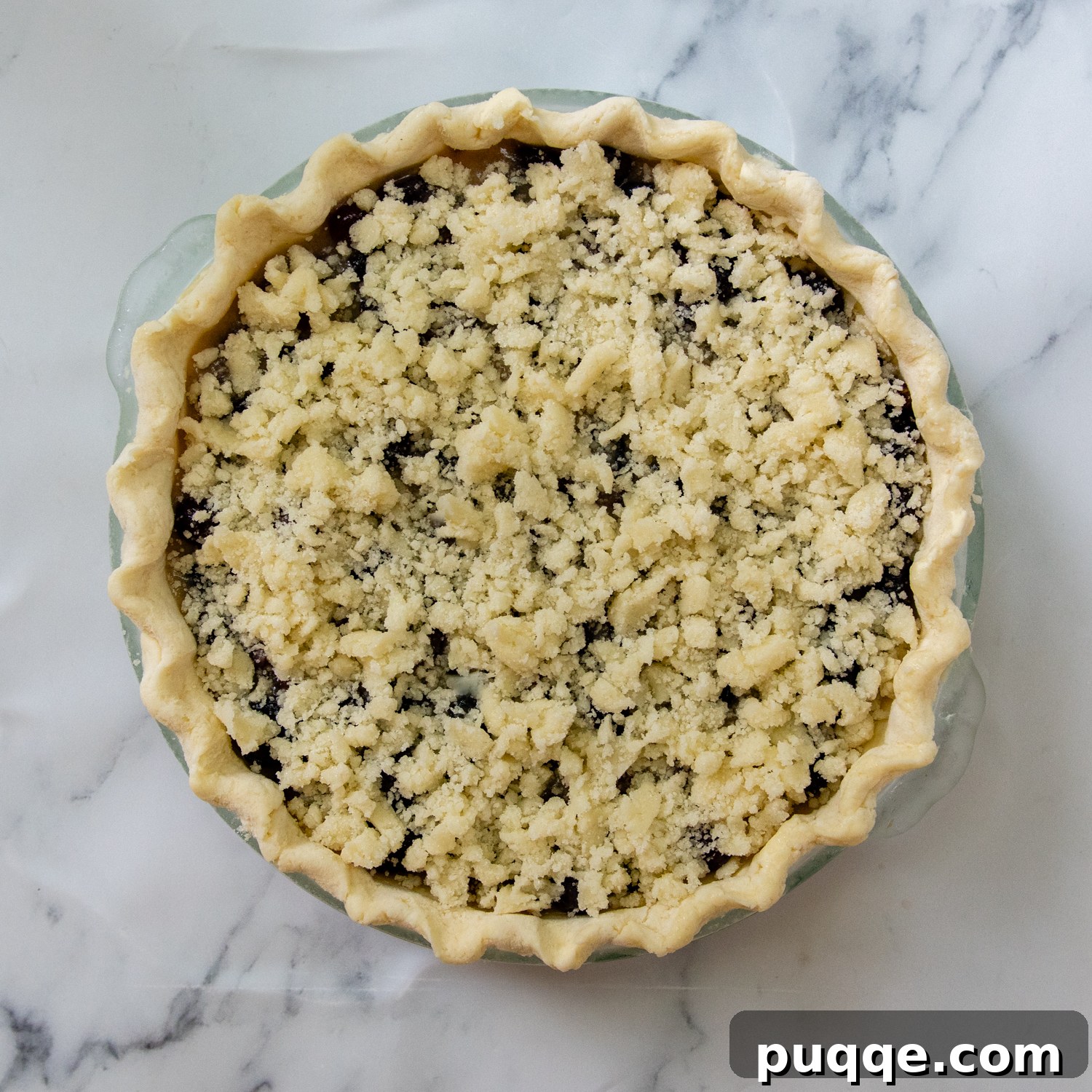 Classic Concord Grape Streusel Pie 7 An unbaked grape pie, beautifully topped with a homemade streusel crumb mixture, ready to go into the oven.