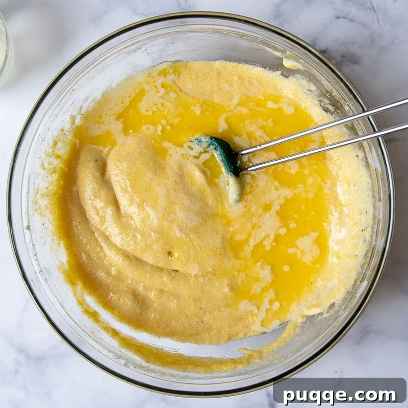 Supremely Fluffy Moist Gluten-Free Cornbread 5 bowl of cornbread batter with melted butter