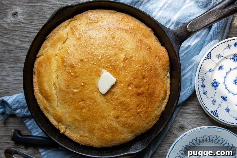 Supremely Fluffy Moist Gluten-Free Cornbread 7 overhead shot of iron skillet with uncut bread and piece of melting butter on top