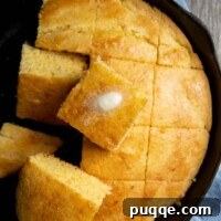 Supremely Fluffy Moist Gluten-Free Cornbread 8 overhead shot of iron skillet with cut cornbread and piece of melting butter on top