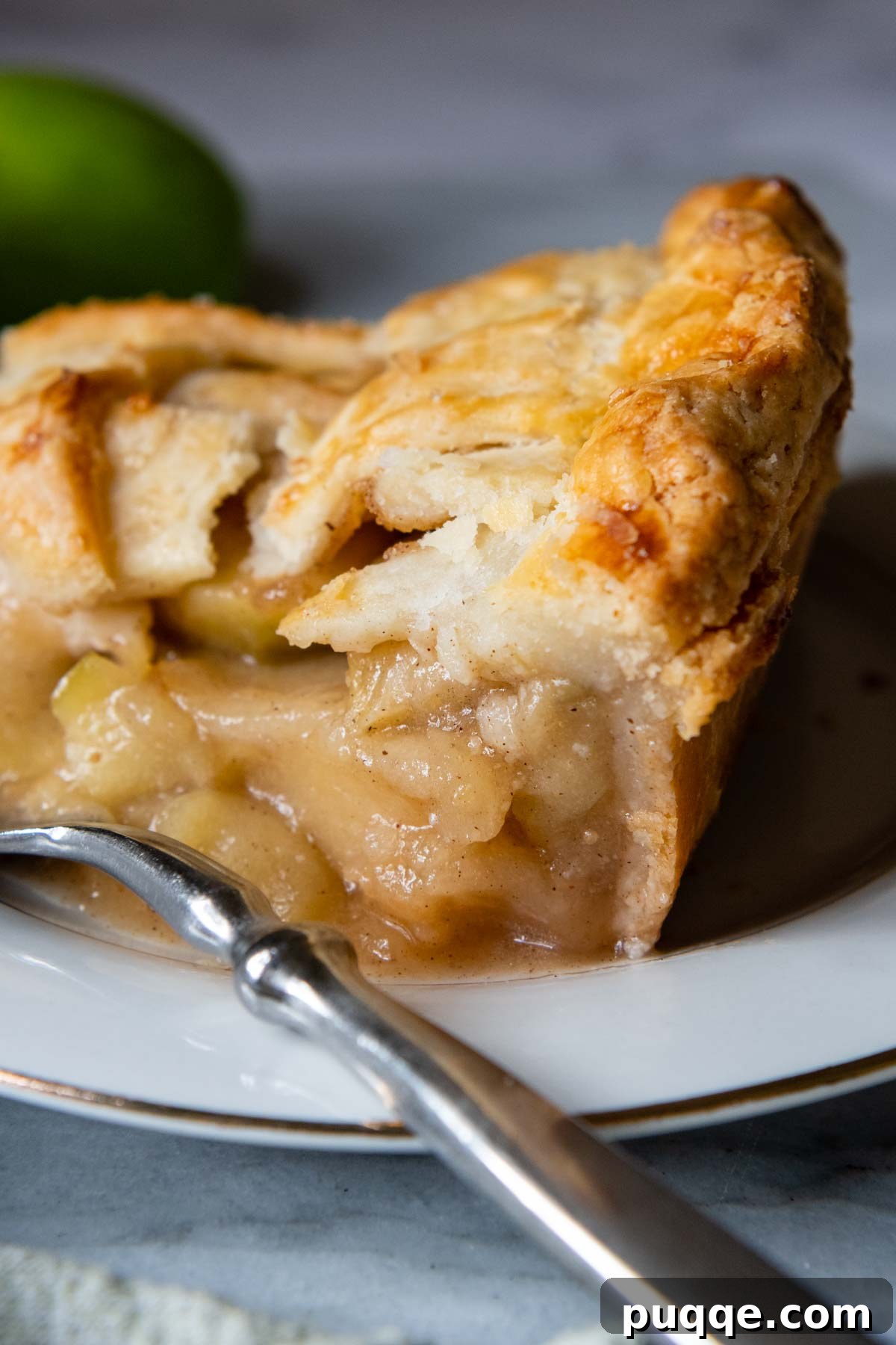 a slice of pie with a fork next to it, close up of the crust.