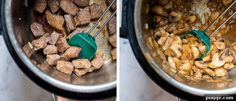 Tender Pressure Cooker Beef Stroganoff 3 A collage of images showing the process of making Instant Pot Beef Stroganoff, from searing the beef to sautéing vegetables.