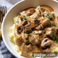 Tender Pressure Cooker Beef Stroganoff 7 angled shot of a bowl of pressure cooker beef stroganoff served over mashed potatoes
