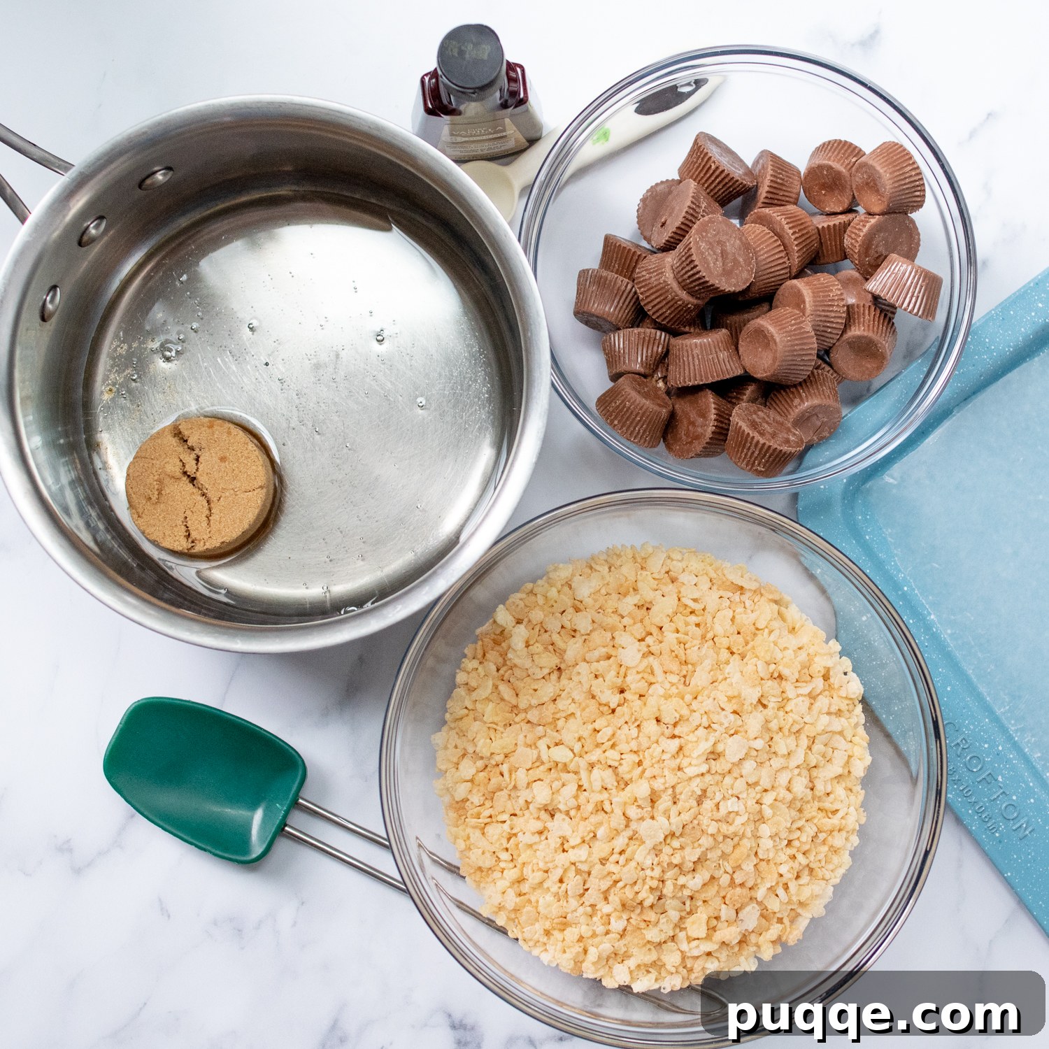 Ghoulishly Easy No-Bake Spider Treats 3 All the essential ingredients for no-bake spider cookies laid out neatly on a counter, ready for preparation.