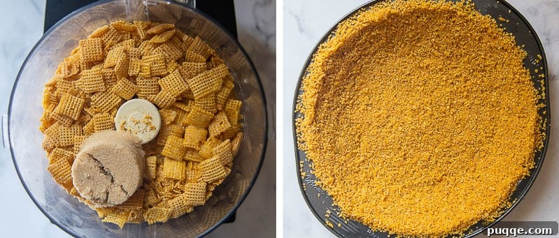 Effortless 5-Minute Gluten-Free Chex Pie Crust 3 Sequential images demonstrating the process of making Chex pie crust recipe, from crushing cereal to pressing it into a pie plate.