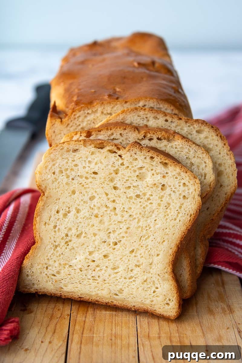 slices of gluten-free bread on a wooden cutting board, showcasing its soft texture