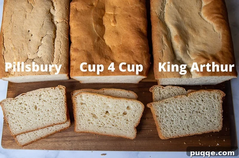 sliced bread made with 3 different gluten-free flours, showing varying textures
