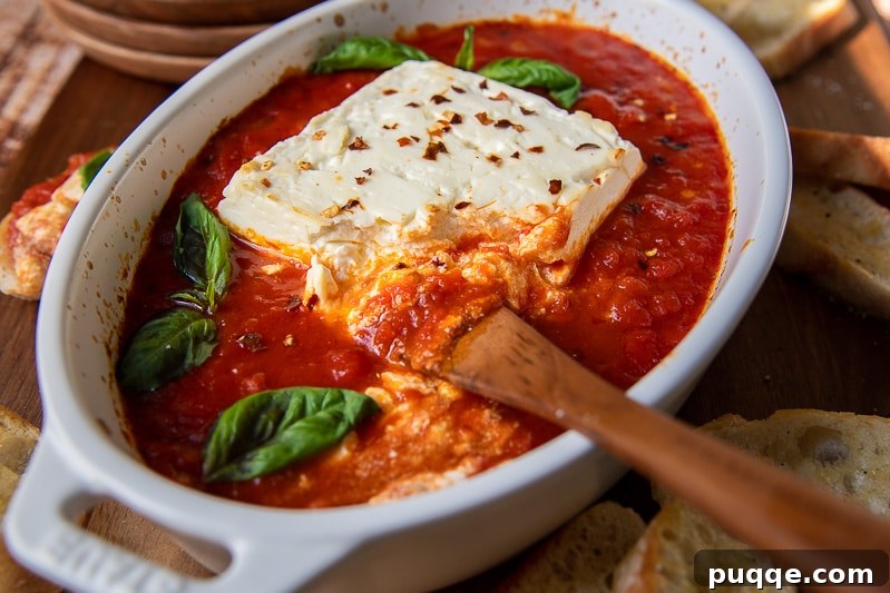 A wooden knife cutting into hot, creamy baked feta with marinara tomato sauce underneath, highlighting its soft texture.